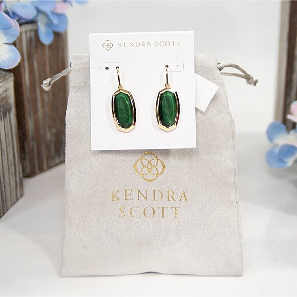 Kendra Scott Dani Gold Bezel Frame Green Tiger's Eye Earrings NWT - Picture 2 of 6